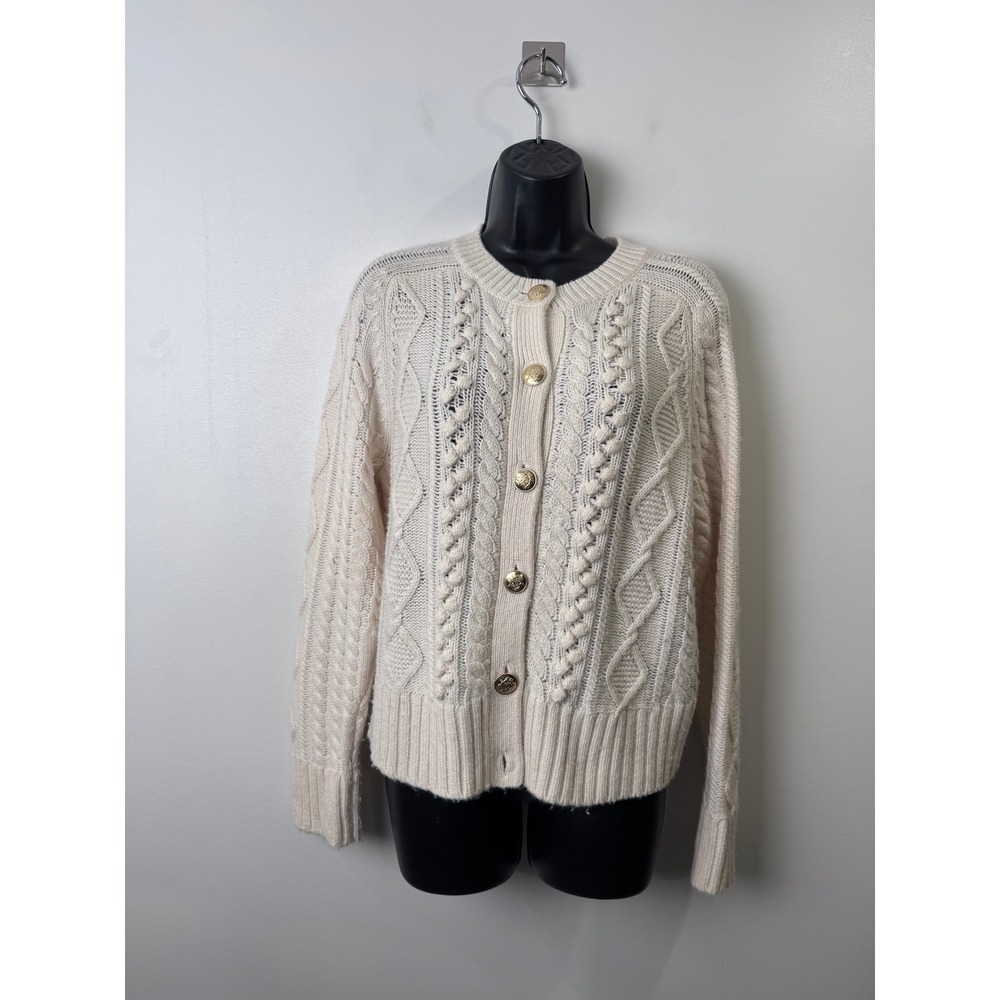 J.Crew Women Ivory Cable Knit Lambswool Blend Cardigan Sweater BM175 Medium